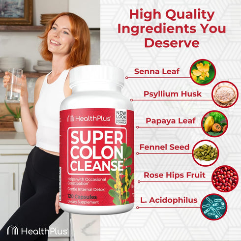Health Plus Super Colon Cleanse, 10 Day Gentle Gut Cleanse Detox, Psyllium Husk, Probiotics, 120 Capsules