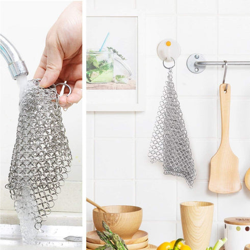 Cast Iron Cleaner 8"x6" Chainmail Scrubber, 316L Stainless Steel for Griddle, Skillet, Dutch Oven, Wok