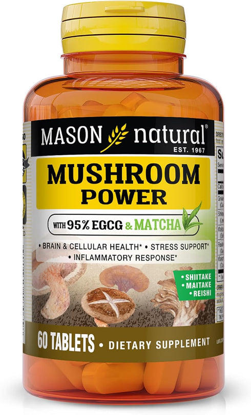 MASON NATURAL Mushroom Power with 95% EGCG & Matcha - Optimal Wellness, Stress Support, 60 Plant Based Tablets