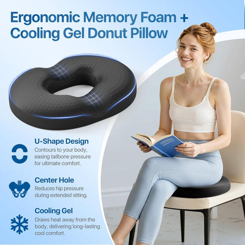 JKNJKN Recommended Donut Pillow Seat Cushion - Memory Foam Cooling Gel Lifting Cushion for Office & Home Chair, Doctor