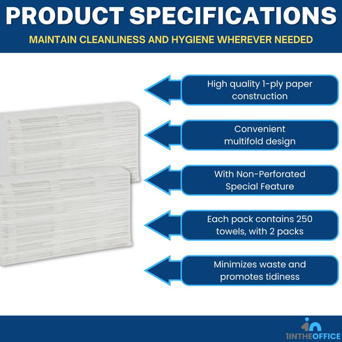 1InTheOffice Multifold Paper Towels (2 Pack) - 1-Ply Paper Hand Towels for Bathroom, 250 Towels/Pack, 9" x 9.45"