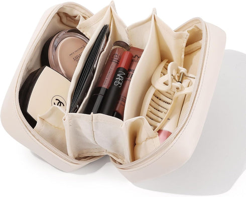 Pocmimut PU Leather Makeup Bag, Open Flat Travel Pouch for Women, Essentials Organizer (Beige)