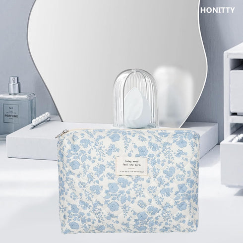 Makeup Bag, Quilted Large Floral Cosmetic Bag for Women, Cotton Travel Toiletry Bag Set