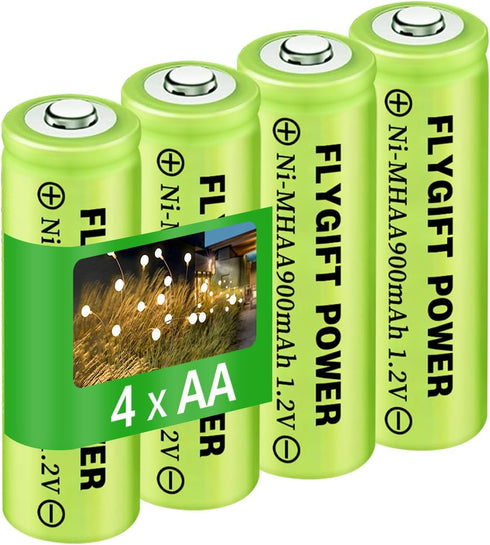 Pack of 4 AA Rechargeable Batteries 900mAh 1.2V for Solar Lights, Pathway Lights