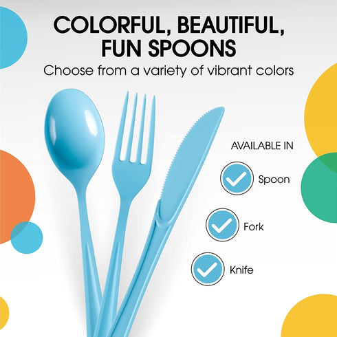 50 Pcs Heavy Duty Light Blue Disposable Plastic Spoons, Light Blue Plastic Cutlery