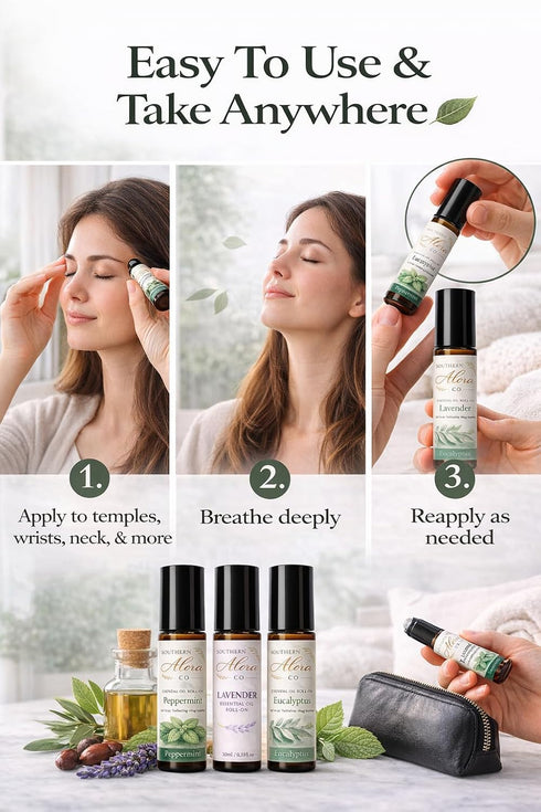 Set Southern Alora Essential Oils Roll On Peppermint, Lavender & Eucalyptus Aromatherapy for Relaxation and Stress