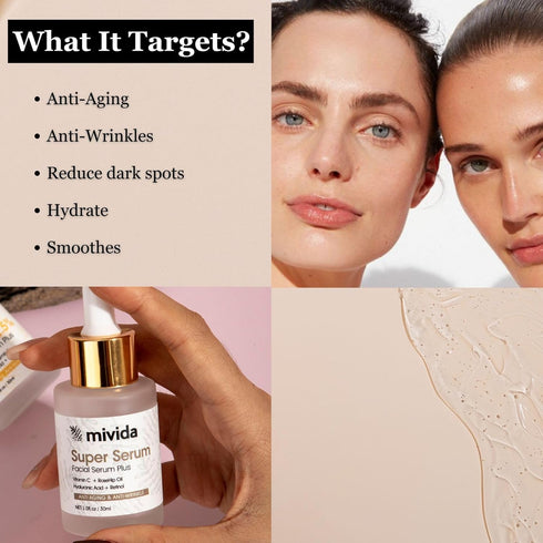 mivida Super Serum for Face 1.0 oz | All-In-One Natural Facial Serum with Retinol, Hyaluronic Acid, RoseHip Oil &