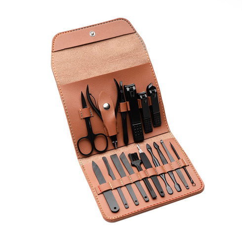Nail Clipper Set - 16 Pieces Stainless Steel Manicure Kit for Men, Pedicure Kit with Brown Leather Case