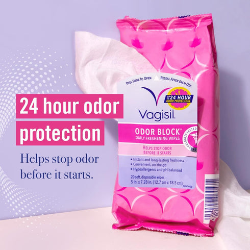 Vagisil Odor Block Daily Freshening Wipes, 20 Wipes in Resealable Pouch, Gynecologist Tested & Hypoallergenic (Pack of