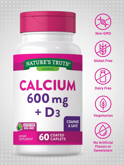Calcium 600mg with Vitamin D3 | 60 Count | Vegetarian, Non-GMO, Gluten Free Calcium Carbonate Supplement