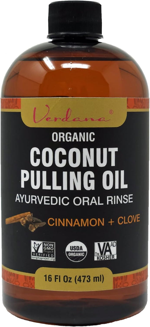 Verdana Organic Coconut Pulling Oil, Big 16 Fl Oz Size, Cinnamon + Clove, Ayurvedic Mouthwash, Alcohol & Fluoride Free