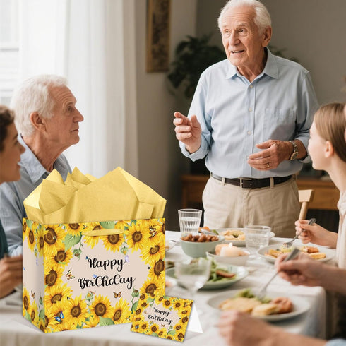 HSKMAKE Sunflower Birthday Gift Bag Yellow Sunflower Paper Bag with Card Yellow Tissue Paper Sunflower Wrapping Paper