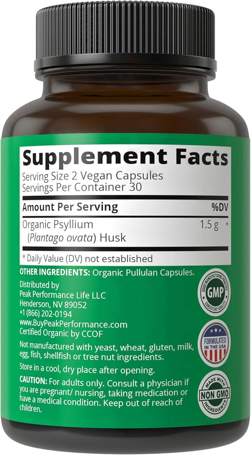 USDA Organic Psyllium Husk Vegan Capsules, Fiber Supplement for Gut Health and Digestion