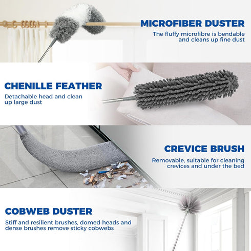 9Pcs Dusters for Cleaning Kit - Extendable Microfiber Duster Tools with 100" Long Pole for Home Use