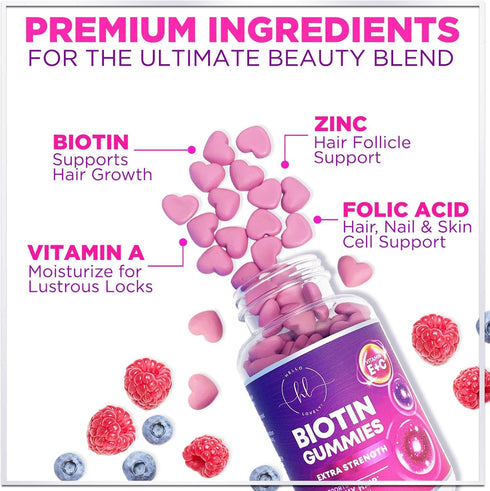 Hair Vitamins Gummy with Biotin 5000 mcg, 60 Non-GMO Gummies for Thicker, Stronger Hair, Skin & Nails