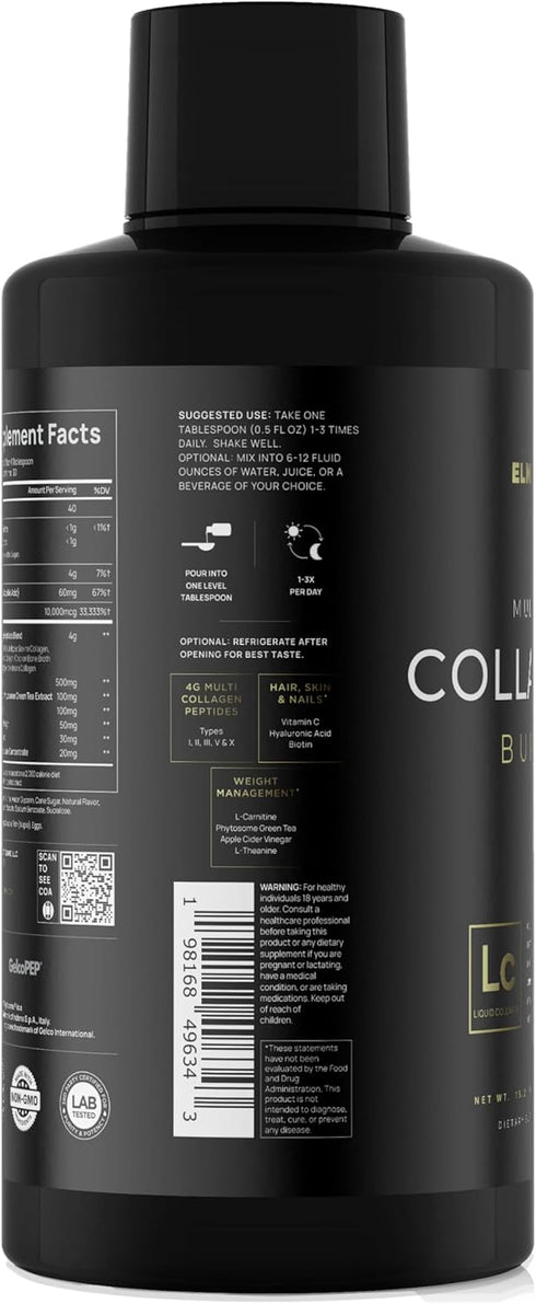 Premium Liquid Collagen for Women Weight Loss & Beauty w. Hyaluronic Acid, Biotin, L-Carnitine, Apple C Vinegar - Ultra