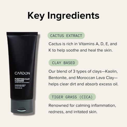 Cardon Men's Deep Pore Cleaning Clay Face Wash, 4x Better Than Charcoal for Oily, Acne-Prone Skin