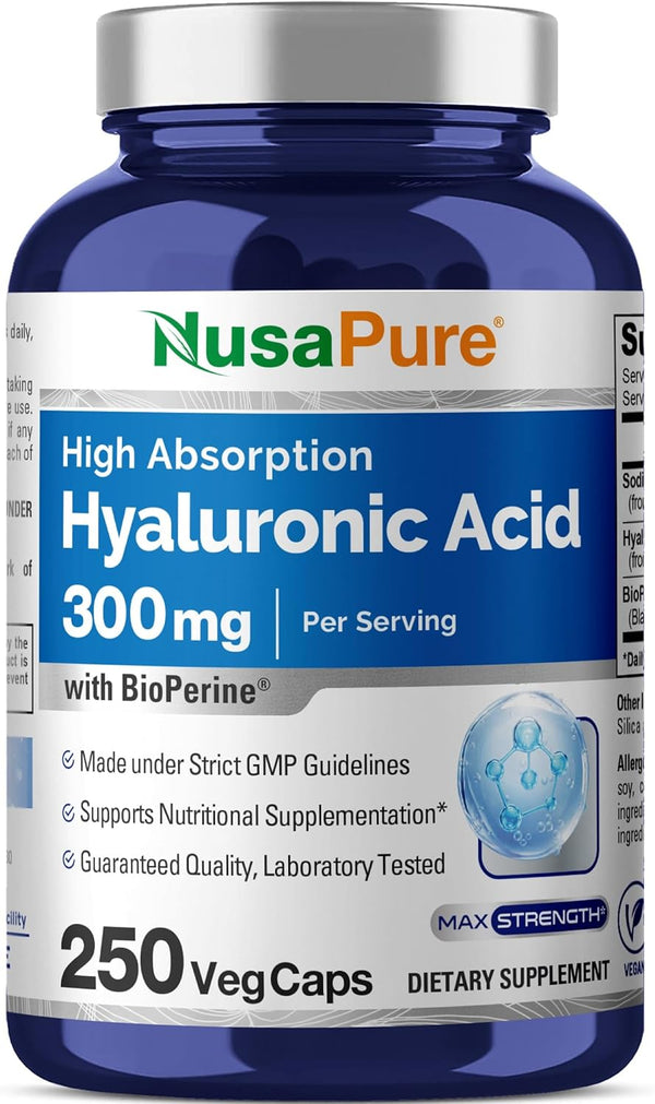 NusaPure Hyaluronic Acid 300mg, 250 Veggie Capsules, Non-GMO, Vegan