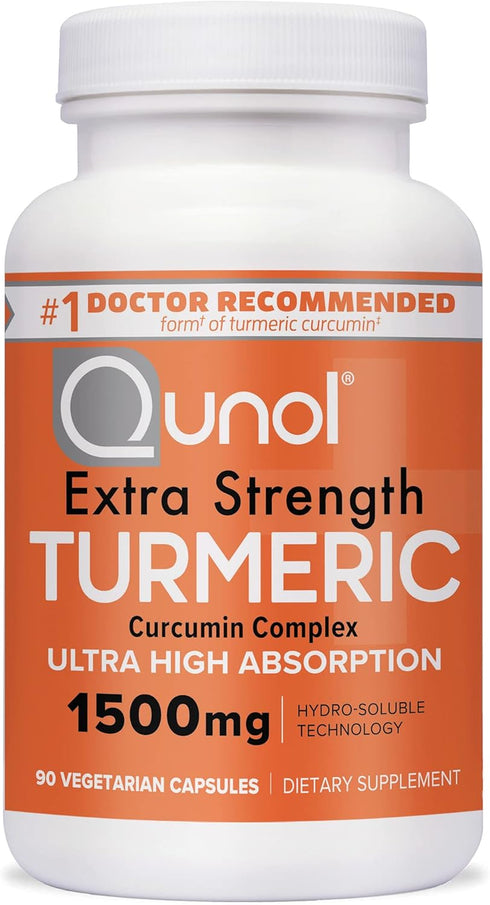 Qunol Turmeric Curcumin Capsules 1500mg Extra Strength with Black Pepper, 90 Veggie Capsules, Patented Hydro-Soluble