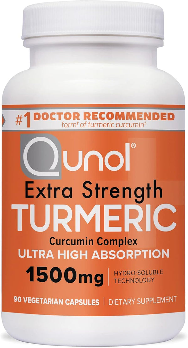 Qunol Turmeric Curcumin Capsules 1500mg Extra Strength with Black Pepper, 90 Veggie Capsules, Patented Hydro-Soluble