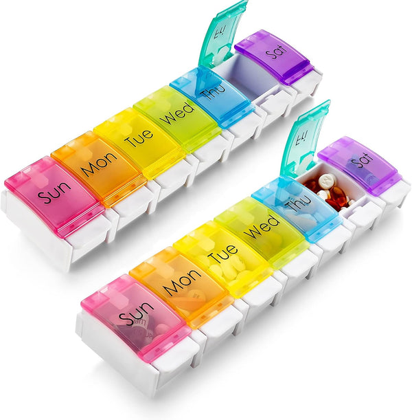 Weekly Pill Organizer, Pack of 2, Colorful 7-Day Easy Push Button Assisted Open for Seniors, BPA Free Daily Travel Pill