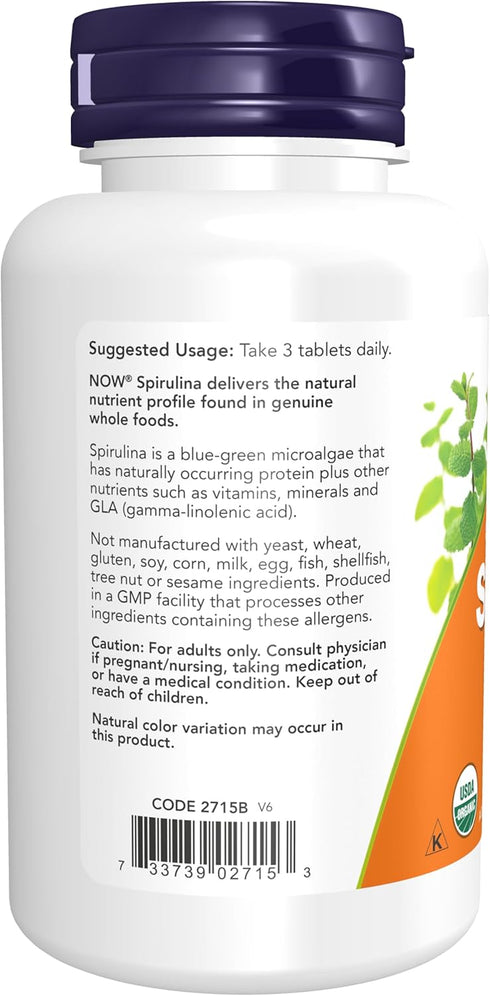 NOW Supplements Certified Organic Spirulina 1000 mg, Rich in Beta-Carotene and B-12, 120 Tablets