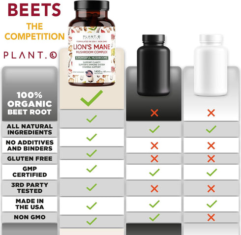 Plant.O Premium Lion's Mane Supplement, All Natural Nootropics Brain Supplement, 90 Caps