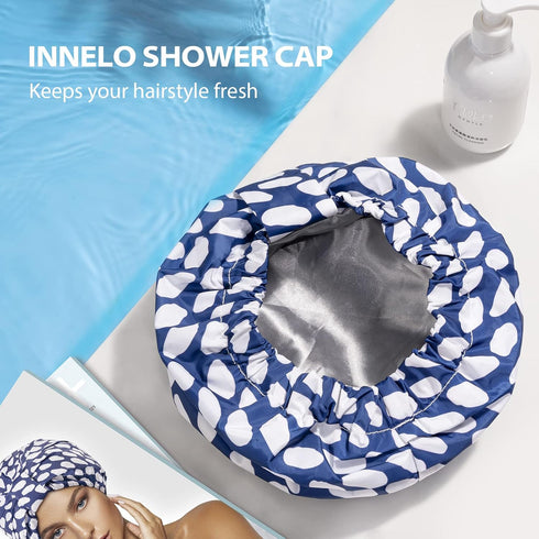 INNELO Luxury Shower Cap for Women, Reusable Waterproof Double Layered Hair Cap with Adjustable Strap, Blue