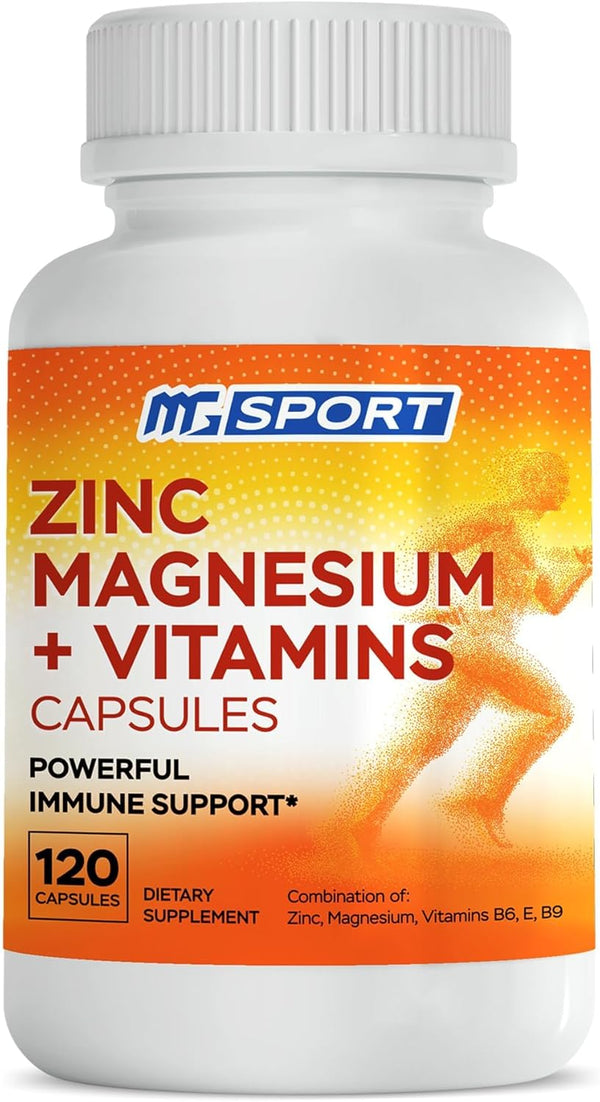 Magnesium Zinc Supplement with Vitamins B6, B9, High Absorption for Immune Support, 120 Capsules.