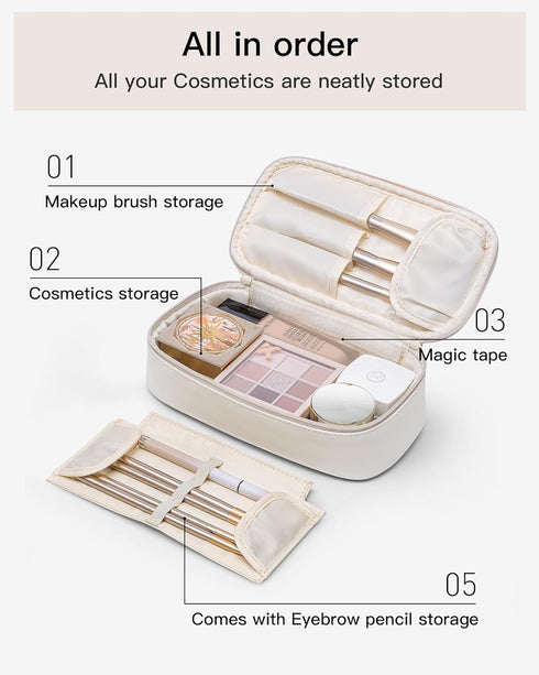 Vlando Travel Makeup Bag, Small Portable Cosmetic Organizer Case for Women, Makeup Brush Pouch (White)