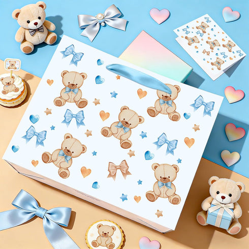 Peconal 1st 2nd Bear Baby Shower Birthday Gift Bag Large Blue Bear Baby Gift Bag with Handles Tissue Paper Greeting