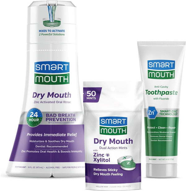 SmartMouth Package with Dry Mouth Activated Mouthwash - 16 Fl Oz, Soothing Mint & Dual-Action Mints, 50 Count