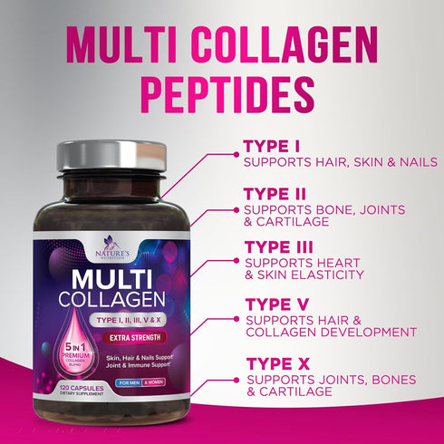 Collagen Peptides for Women & Men, Type I, II, III, V, X, Hydrolyzed Collagen Pills, 120 Capsules, Hair, Skin, Joint