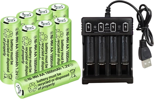 8PCS 1.2V 1800mAh Ni-MH AA Rechargeable Battery with 4 Slot USB Charger for Wireless Microphones, Electric Toys, Remote