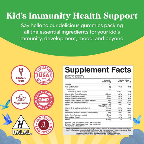 Delicious Daily Kids Multivitamin Gummies - Immunity Support with Vitamins A, C, D3, E, B, Zinc, Gluten Free
