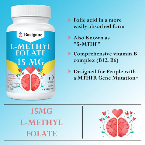 15mg L Methylfolate (5-MTHF) - Active Folic Acid with Vitamins B6 and B12 - 60 Vegetarian Capsules - Non-GMO