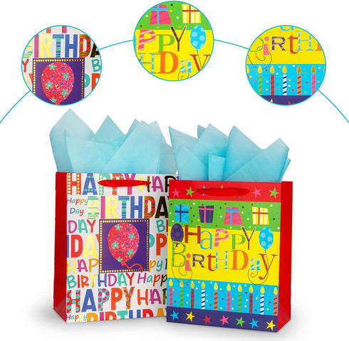 2-Pack 12.6" Large Happy Birthday Gift Bags with Tissue Paper for Birthday Party