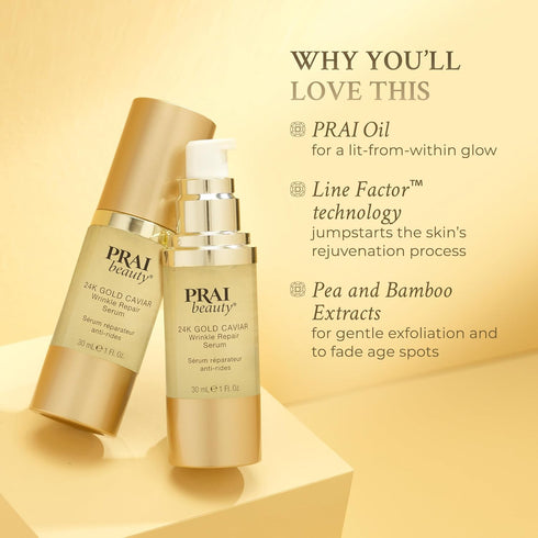 PRAI Beauty 24K Gold Caviar Wrinkle Repair Serum - Anti-Aging Serum with Hyaluronic Acid for Firmer Skin