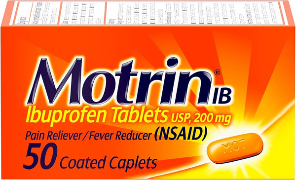 Motrin IB Ibuprofen 200mg Tablets for Fever, Muscle Aches, Headache & Back Pain Relief, 50 ct