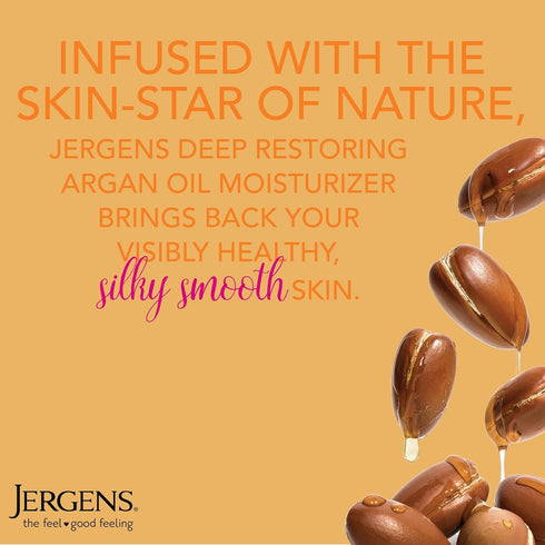 Jergens Deep Restoring Argan Oil Moisturizer, Soothing Body and Hand Lotion, 16.8 oz, with Reviving Argan Oil and Vitamin E, Oil-Infused, Dermatologist Tested