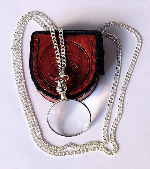 Silver Coated Magnifying Glass with Optical Lens and Beautiful Necklace Chain Monocle for Fine Print