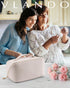 Vlando Travel Makeup Bag, White PU Leather Portable Organizer with Divider and Handle, Toiletry Bag for Women