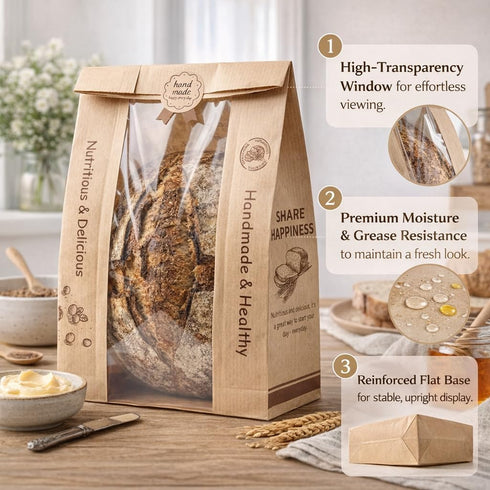 Gybahy 50 Pack Packaging, Bread Bags for Homemade Bread, Sourdough Bread Bags with Clear Window, Kraft Paper Sourdough