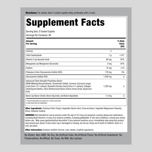 Piping Rock Glucosamine Chondroitin with Turmeric & MSM | 180 Caplets | Triple Strength | Non-GMO, Gluten Free Supplement