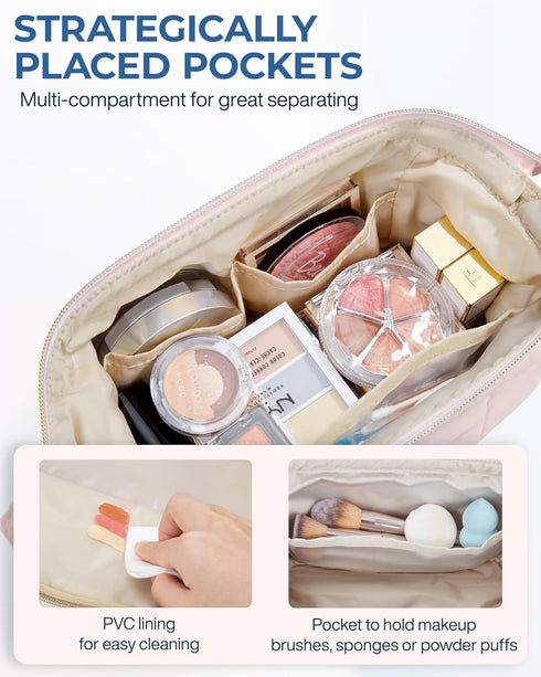 BAGSMART Makeup Bag, Travel Cosmetic Organizer Case, Puffy Padded Makeup Bags for Women, Pink