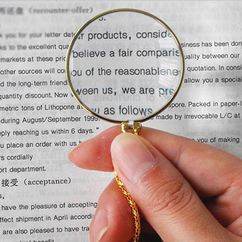 5X Magnifying Glass Pendant, 1.6" Glass Lens Dia. with 35" Alloy Necklace, Silver