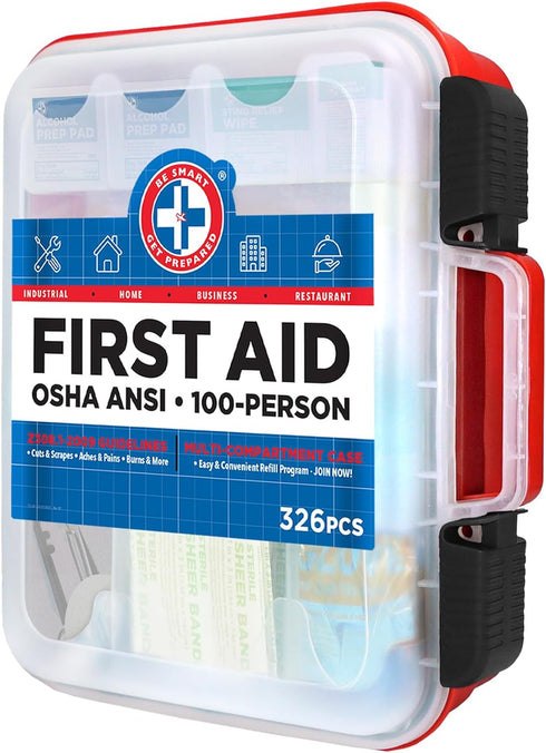 Be Smart Get Prepared First Aid Kit Hard Red Case, 326 Pieces for Office, Home, Car, School, Emergency