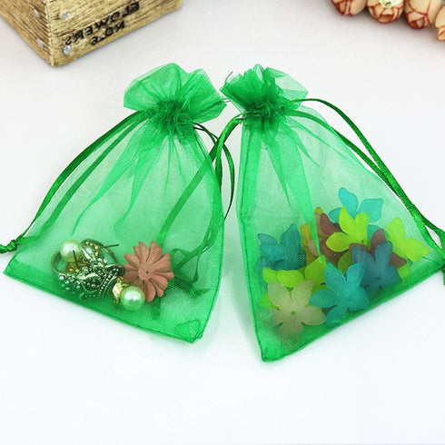 100pcs 4x6 inch Gifts Wrap Bags - Green Organza Sheer Fabric Bulk, Drawstring Reusable Pouch for Baby Shower Favor