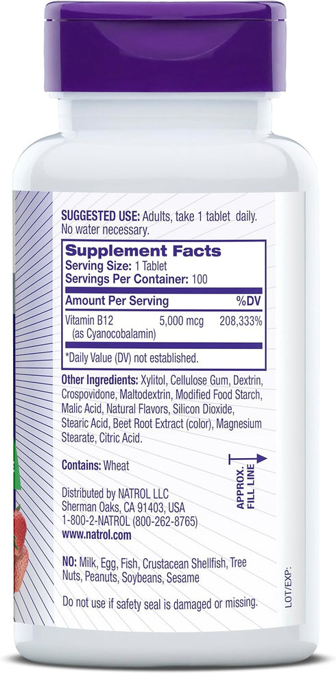 Natrol Vitamin B12 Fast Dissolve Tablets, Maximum Strength, 5,000mcg, 100 Count, Strawberry Flavor