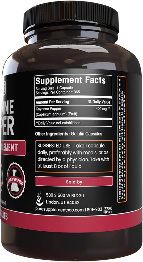PURE ORIGINAL INGREDIENTS Cayenne Pepper (365 Capsules) - Pure, Lab Verified, No Magnesium or Rice Fillers